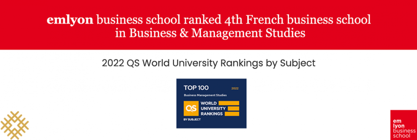 emlyon business school is ranked 4th among French schools in the QS World university rankings by subject 2022, which assesses the international reputation and scientific quality of higher education institutions worldwide.